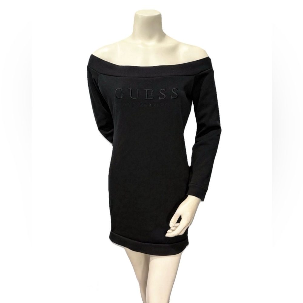 Guess Off Shoulder Sweatshirt Dress Black Logo Long Sleeve Size M Pullover